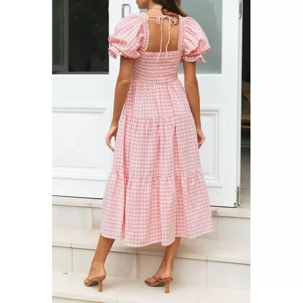 ZESICA Womens 2024 Bohemian Summer Plaid Square Neck Puff Sleeve Ruffle Flowy Beach Midi DressPink