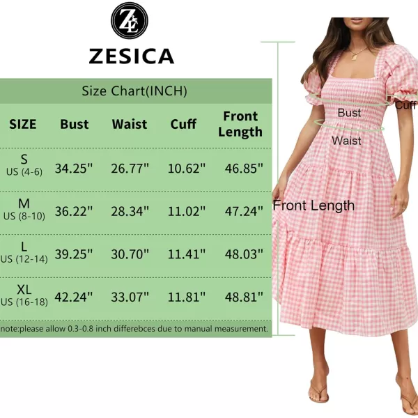 ZESICA Womens 2024 Bohemian Summer Plaid Square Neck Puff Sleeve Ruffle Flowy Beach Midi DressPink