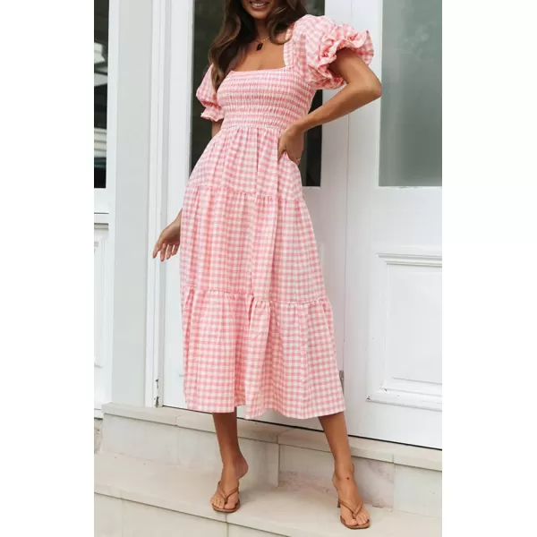 ZESICA Womens 2024 Bohemian Summer Plaid Square Neck Puff Sleeve Ruffle Flowy Beach Midi DressPink