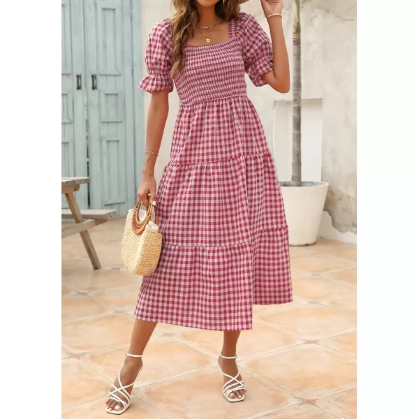 ZESICA Womens 2024 Bohemian Summer Plaid Square Neck Puff Sleeve Ruffle Flowy Beach Midi DressRed