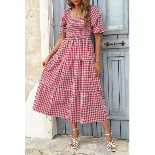 ZESICA Womens 2024 Bohemian Summer Plaid Square Neck Puff Sleeve Ruffle Flowy Beach Midi DressRed