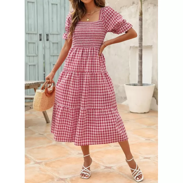 ZESICA Womens 2024 Bohemian Summer Plaid Square Neck Puff Sleeve Ruffle Flowy Beach Midi DressRed