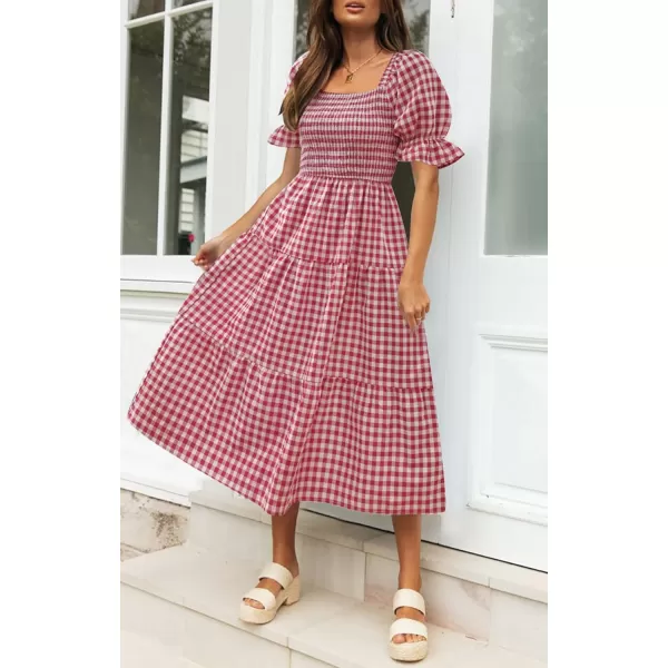 ZESICA Womens 2024 Bohemian Summer Plaid Square Neck Puff Sleeve Ruffle Flowy Beach Midi DressRed