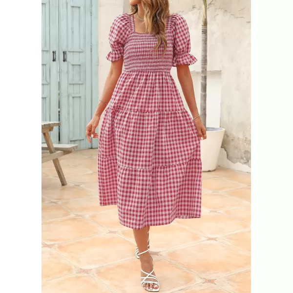 ZESICA Womens 2024 Bohemian Summer Plaid Square Neck Puff Sleeve Ruffle Flowy Beach Midi DressRed
