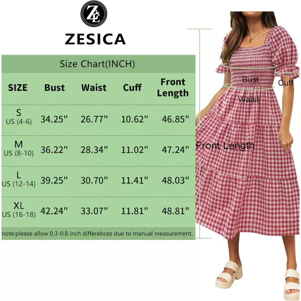 ZESICA Womens 2024 Bohemian Summer Plaid Square Neck Puff Sleeve Ruffle Flowy Beach Midi DressRed