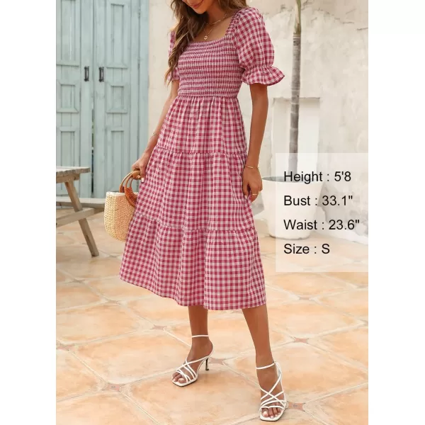 ZESICA Womens 2024 Bohemian Summer Plaid Square Neck Puff Sleeve Ruffle Flowy Beach Midi DressRed