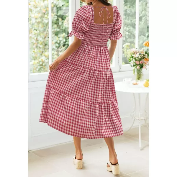 ZESICA Womens 2024 Bohemian Summer Plaid Square Neck Puff Sleeve Ruffle Flowy Beach Midi DressRed