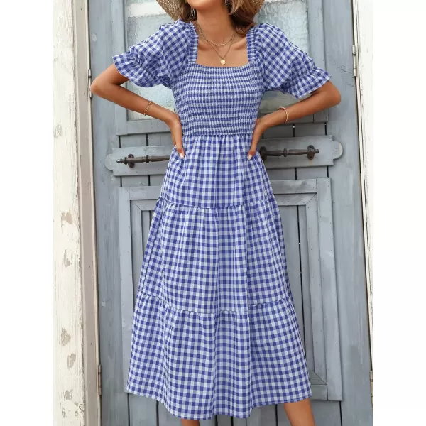 ZESICA Womens 2024 Bohemian Summer Plaid Square Neck Puff Sleeve Ruffle Flowy Beach Midi DressRoyalblue