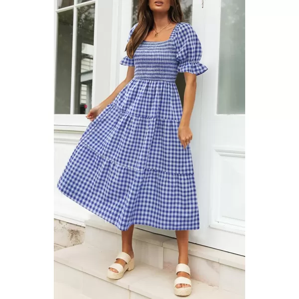 ZESICA Womens 2024 Bohemian Summer Plaid Square Neck Puff Sleeve Ruffle Flowy Beach Midi DressRoyalblue