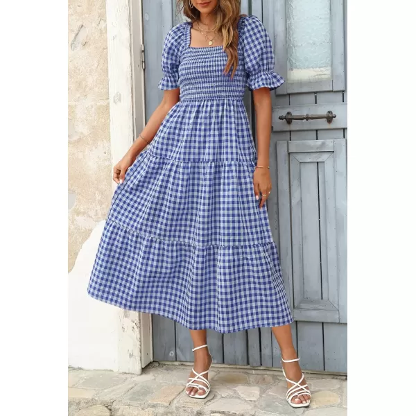 ZESICA Womens 2024 Bohemian Summer Plaid Square Neck Puff Sleeve Ruffle Flowy Beach Midi DressRoyalblue