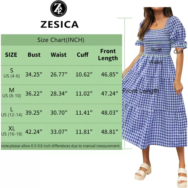 ZESICA Womens 2024 Bohemian Summer Plaid Square Neck Puff Sleeve Ruffle Flowy Beach Midi DressRoyalblue
