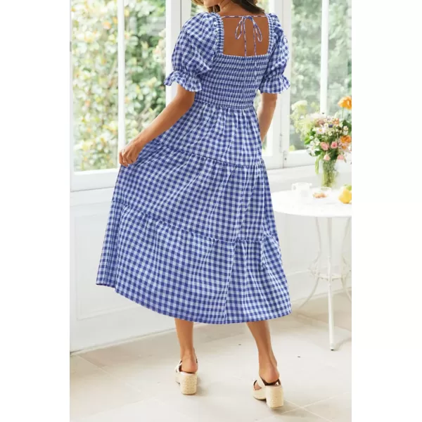 ZESICA Womens 2024 Bohemian Summer Plaid Square Neck Puff Sleeve Ruffle Flowy Beach Midi DressRoyalblue