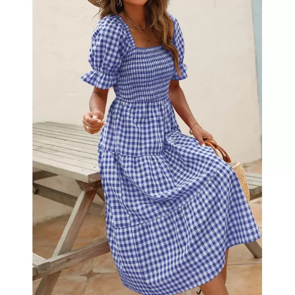 ZESICA Womens 2024 Bohemian Summer Plaid Square Neck Puff Sleeve Ruffle Flowy Beach Midi DressRoyalblue