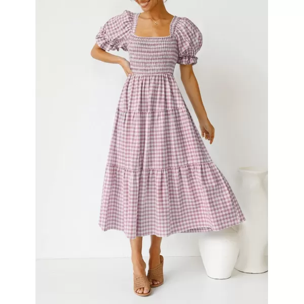 ZESICA Womens 2024 Bohemian Summer Plaid Square Neck Puff Sleeve Ruffle Flowy Beach Midi DressTaro