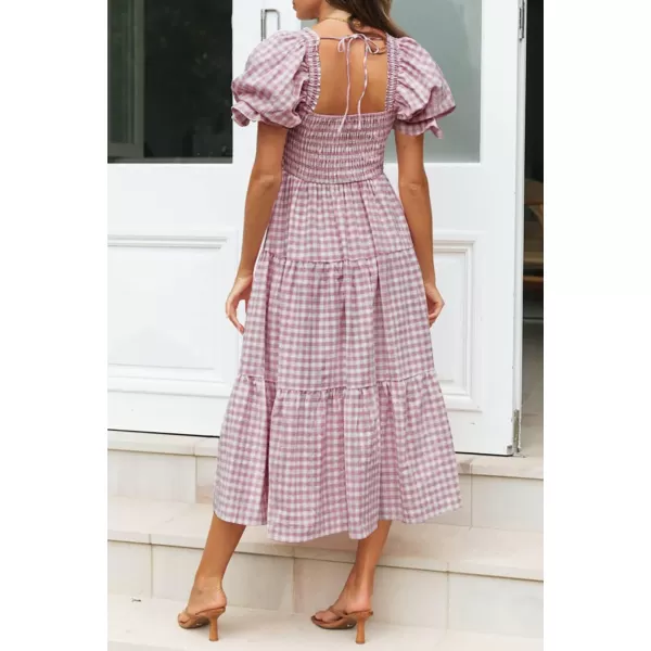 ZESICA Womens 2024 Bohemian Summer Plaid Square Neck Puff Sleeve Ruffle Flowy Beach Midi DressTaro