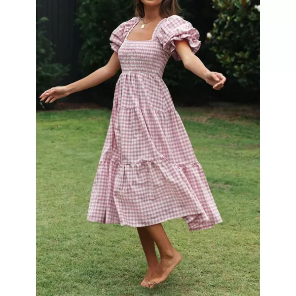 ZESICA Womens 2024 Bohemian Summer Plaid Square Neck Puff Sleeve Ruffle Flowy Beach Midi DressTaro