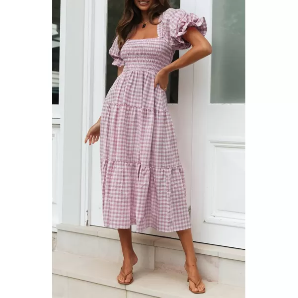 ZESICA Womens 2024 Bohemian Summer Plaid Square Neck Puff Sleeve Ruffle Flowy Beach Midi DressTaro