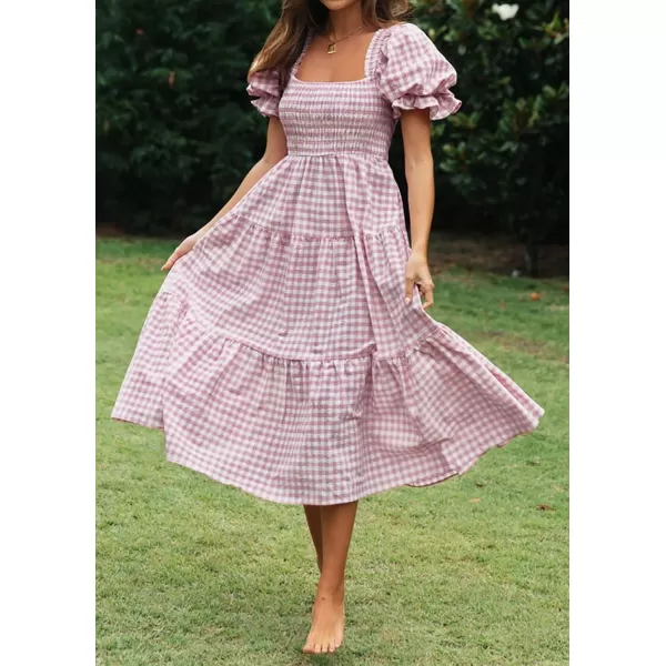 ZESICA Womens 2024 Bohemian Summer Plaid Square Neck Puff Sleeve Ruffle Flowy Beach Midi DressTaro
