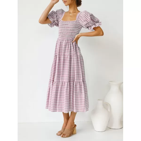 ZESICA Womens 2024 Bohemian Summer Plaid Square Neck Puff Sleeve Ruffle Flowy Beach Midi DressTaro