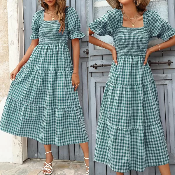 ZESICA Womens 2024 Bohemian Summer Plaid Square Neck Puff Sleeve Ruffle Flowy Beach Midi DressTeal
