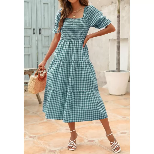 ZESICA Womens 2024 Bohemian Summer Plaid Square Neck Puff Sleeve Ruffle Flowy Beach Midi DressTeal