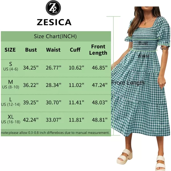 ZESICA Womens 2024 Bohemian Summer Plaid Square Neck Puff Sleeve Ruffle Flowy Beach Midi DressTeal