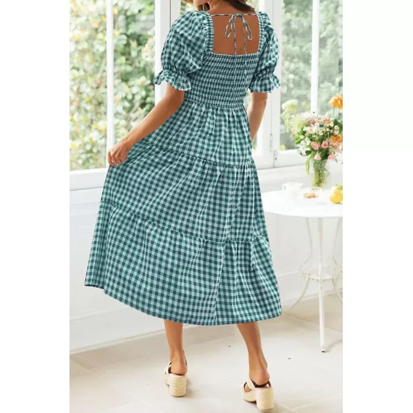 ZESICA Womens 2024 Bohemian Summer Plaid Square Neck Puff Sleeve Ruffle Flowy Beach Midi DressTeal