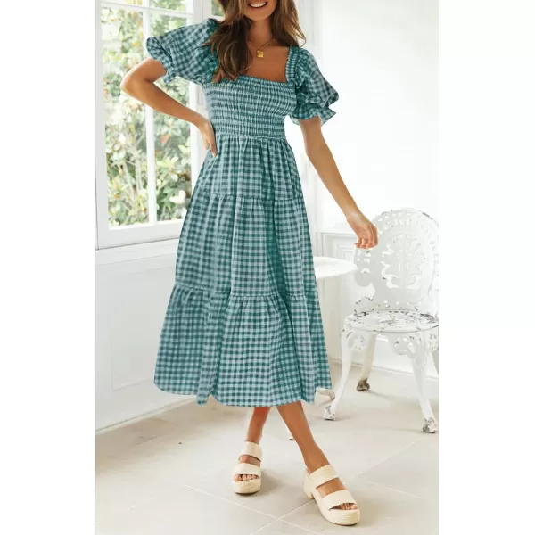 ZESICA Womens 2024 Bohemian Summer Plaid Square Neck Puff Sleeve Ruffle Flowy Beach Midi DressTeal