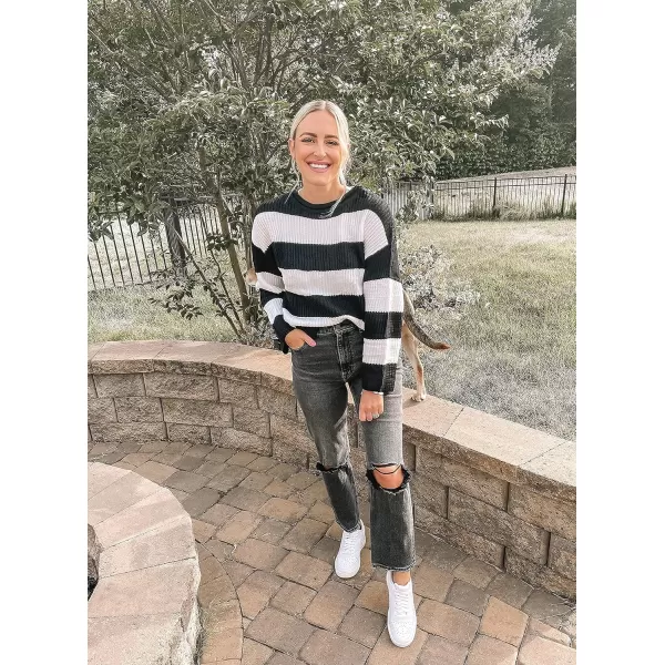 ZESICA Womens 2024 Fall Long Sleeve Crew Neck Striped Color Block Comfy Loose Oversized Knitted Pullover SweaterBlackstriped