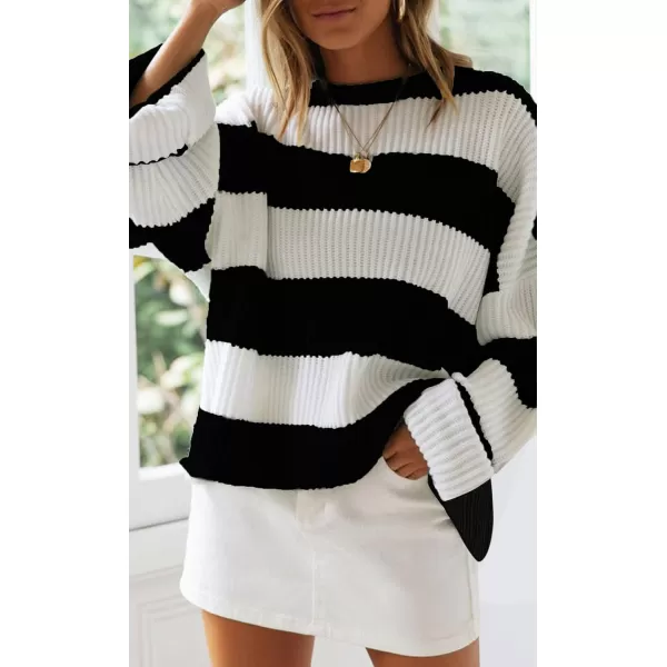 ZESICA Womens 2024 Fall Long Sleeve Crew Neck Striped Color Block Comfy Loose Oversized Knitted Pullover SweaterBlackstriped