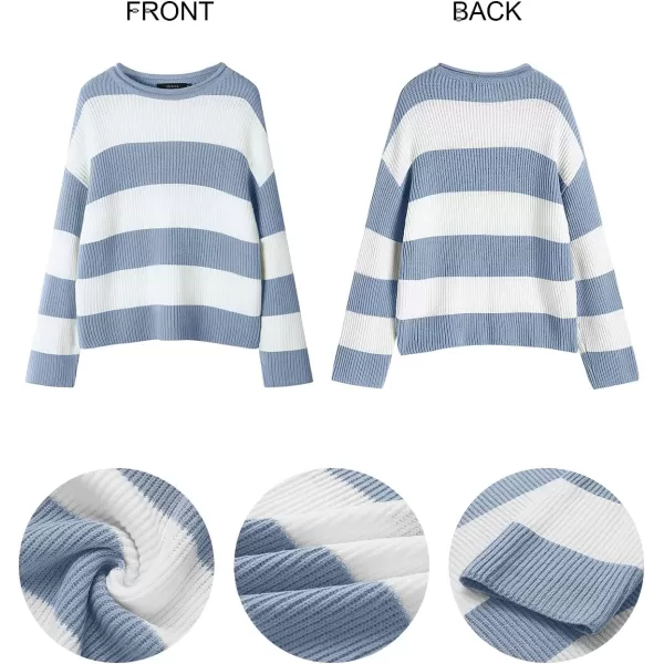 ZESICA Womens 2024 Fall Long Sleeve Crew Neck Striped Color Block Comfy Loose Oversized Knitted Pullover SweaterBlue
