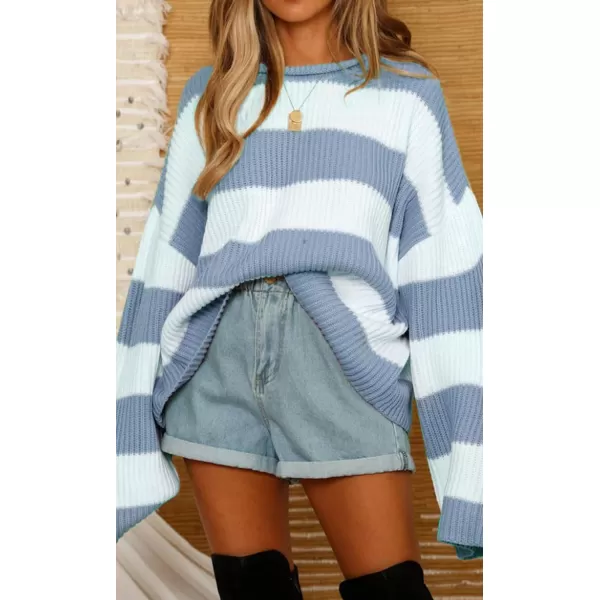 ZESICA Womens 2024 Fall Long Sleeve Crew Neck Striped Color Block Comfy Loose Oversized Knitted Pullover SweaterBlue