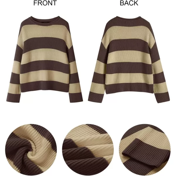 ZESICA Womens 2024 Fall Long Sleeve Crew Neck Striped Color Block Comfy Loose Oversized Knitted Pullover SweaterBrown