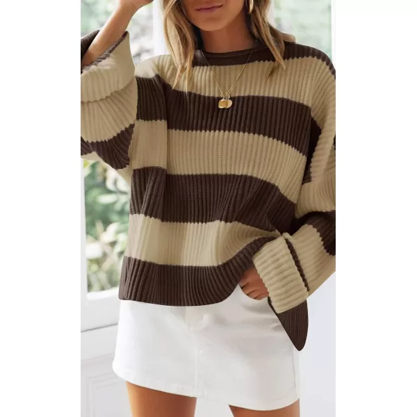 ZESICA Womens 2024 Fall Long Sleeve Crew Neck Striped Color Block Comfy Loose Oversized Knitted Pullover SweaterBrown