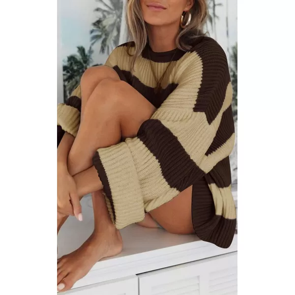 ZESICA Womens 2024 Fall Long Sleeve Crew Neck Striped Color Block Comfy Loose Oversized Knitted Pullover SweaterBrown