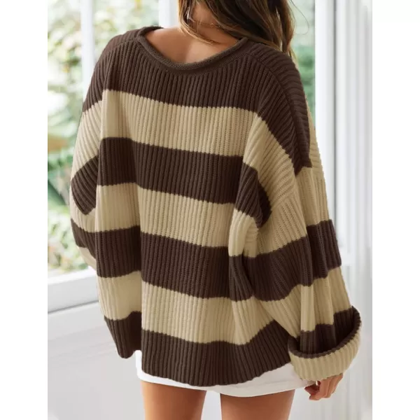 ZESICA Womens 2024 Fall Long Sleeve Crew Neck Striped Color Block Comfy Loose Oversized Knitted Pullover SweaterBrown