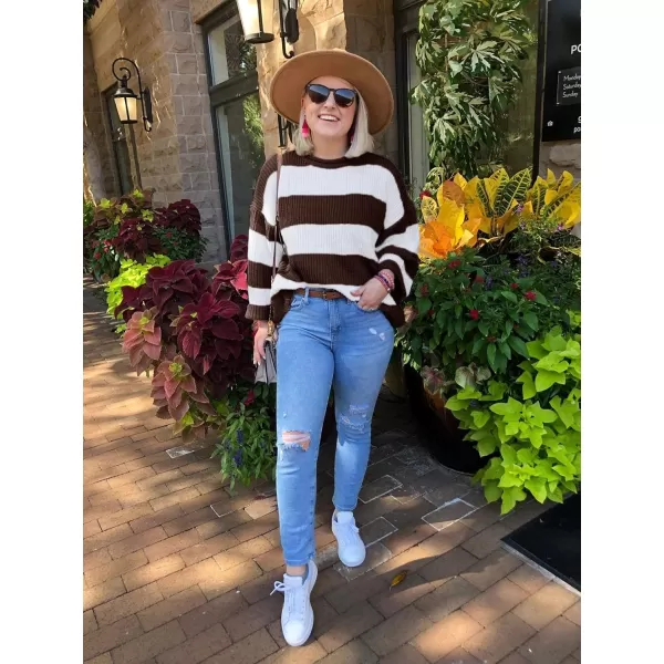 ZESICA Womens 2024 Fall Long Sleeve Crew Neck Striped Color Block Comfy Loose Oversized Knitted Pullover SweaterCoffee
