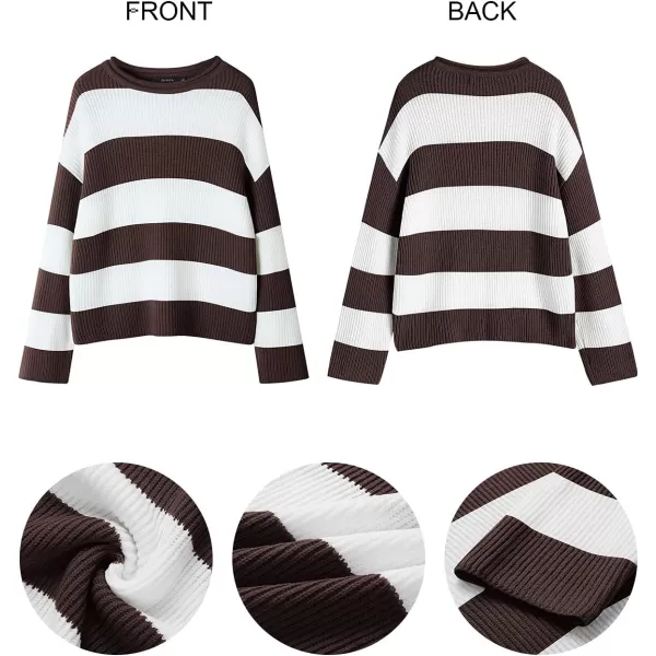 ZESICA Womens 2024 Fall Long Sleeve Crew Neck Striped Color Block Comfy Loose Oversized Knitted Pullover SweaterCoffee