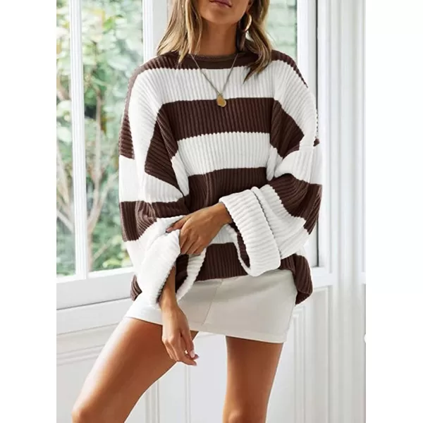 ZESICA Womens 2024 Fall Long Sleeve Crew Neck Striped Color Block Comfy Loose Oversized Knitted Pullover SweaterCoffee