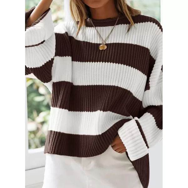 ZESICA Womens 2024 Fall Long Sleeve Crew Neck Striped Color Block Comfy Loose Oversized Knitted Pullover SweaterCoffee