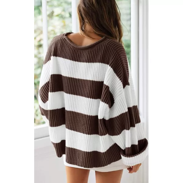 ZESICA Womens 2024 Fall Long Sleeve Crew Neck Striped Color Block Comfy Loose Oversized Knitted Pullover SweaterCoffee