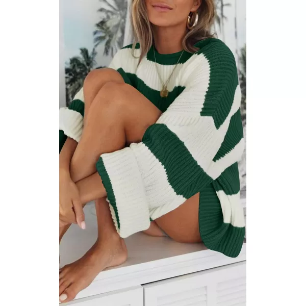ZESICA Womens 2024 Fall Long Sleeve Crew Neck Striped Color Block Comfy Loose Oversized Knitted Pullover SweaterForestgreen