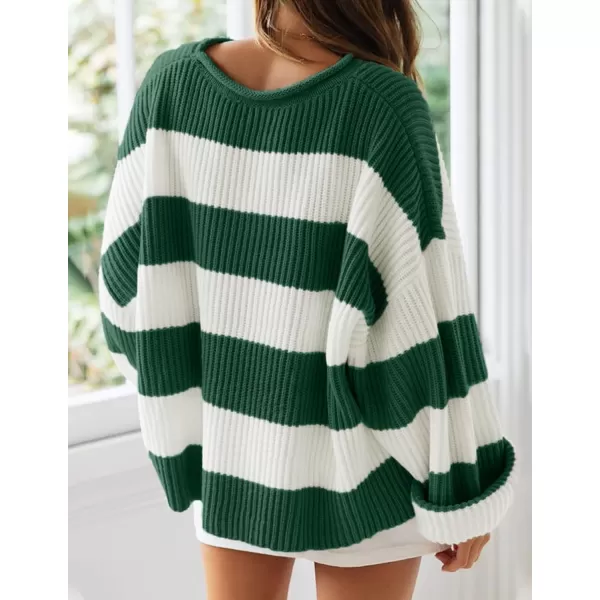 ZESICA Womens 2024 Fall Long Sleeve Crew Neck Striped Color Block Comfy Loose Oversized Knitted Pullover SweaterForestgreen