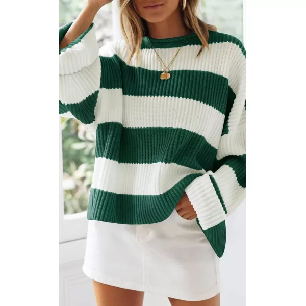 ZESICA Womens 2024 Fall Long Sleeve Crew Neck Striped Color Block Comfy Loose Oversized Knitted Pullover SweaterForestgreen