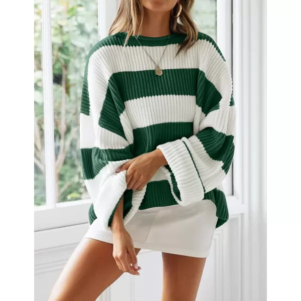 ZESICA Womens 2024 Fall Long Sleeve Crew Neck Striped Color Block Comfy Loose Oversized Knitted Pullover SweaterForestgreen