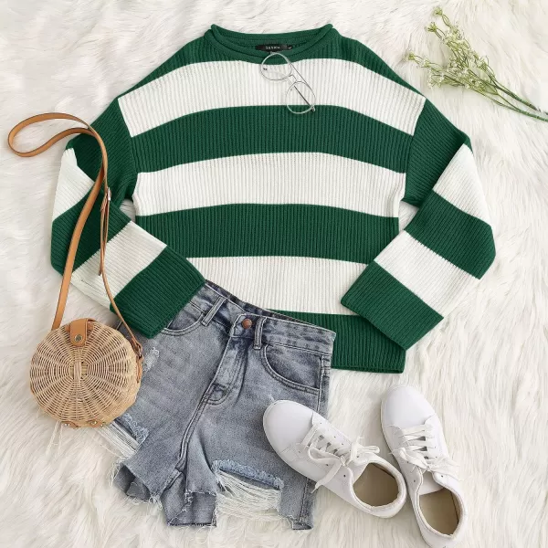 ZESICA Womens 2024 Fall Long Sleeve Crew Neck Striped Color Block Comfy Loose Oversized Knitted Pullover SweaterForestgreen