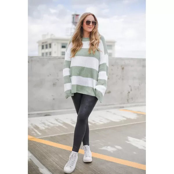 ZESICA Womens 2024 Fall Long Sleeve Crew Neck Striped Color Block Comfy Loose Oversized Knitted Pullover SweaterGreen
