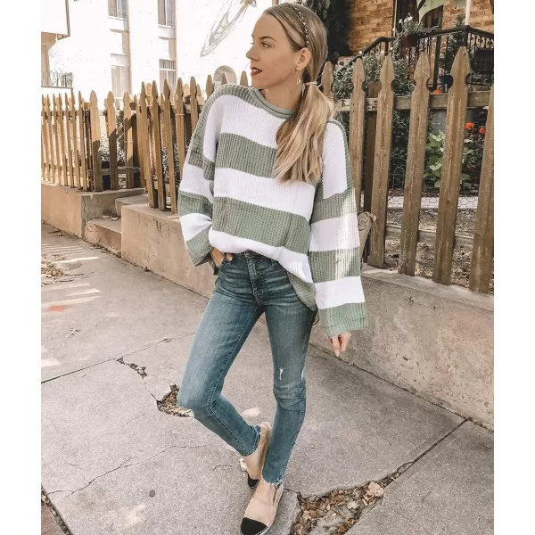 ZESICA Womens 2024 Fall Long Sleeve Crew Neck Striped Color Block Comfy Loose Oversized Knitted Pullover SweaterGreen
