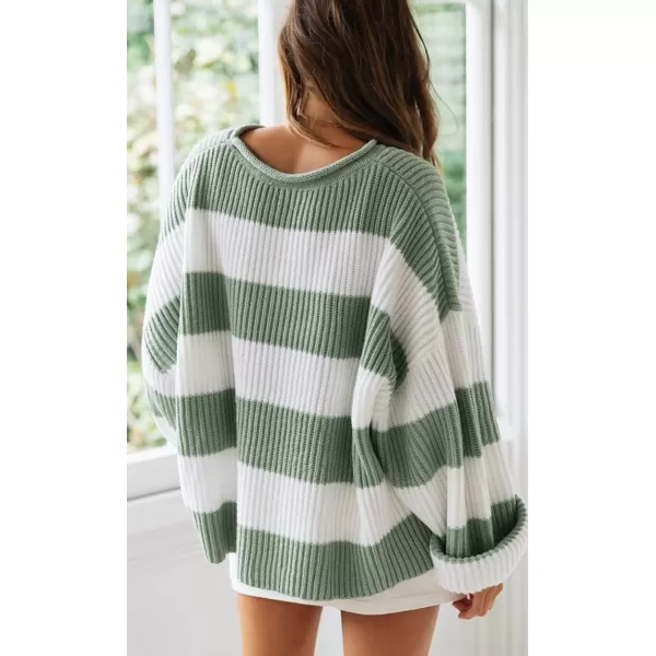 ZESICA Womens 2024 Fall Long Sleeve Crew Neck Striped Color Block Comfy Loose Oversized Knitted Pullover SweaterGreen