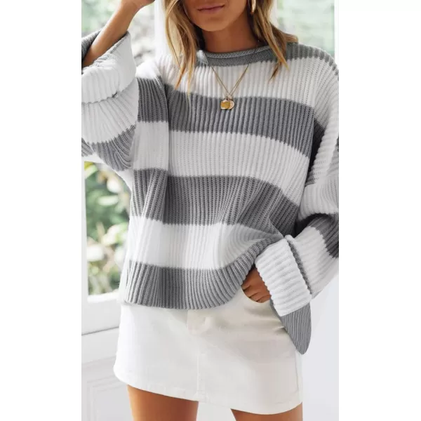 ZESICA Womens 2024 Fall Long Sleeve Crew Neck Striped Color Block Comfy Loose Oversized Knitted Pullover SweaterGrey